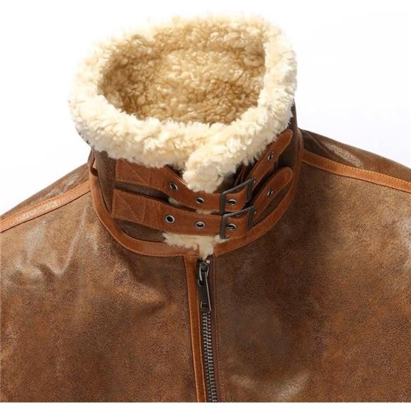 Mens Leather Bomber Jacket Warm Piolt Winter Shearling Jackets Aviator Coat - Picture 2 of 6